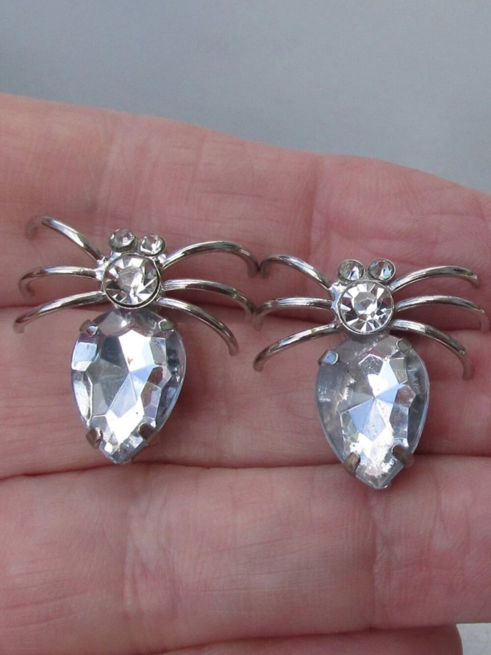 Vintage Silver Tone SPIDER Pale Blue Rhinestone Stud Earrings